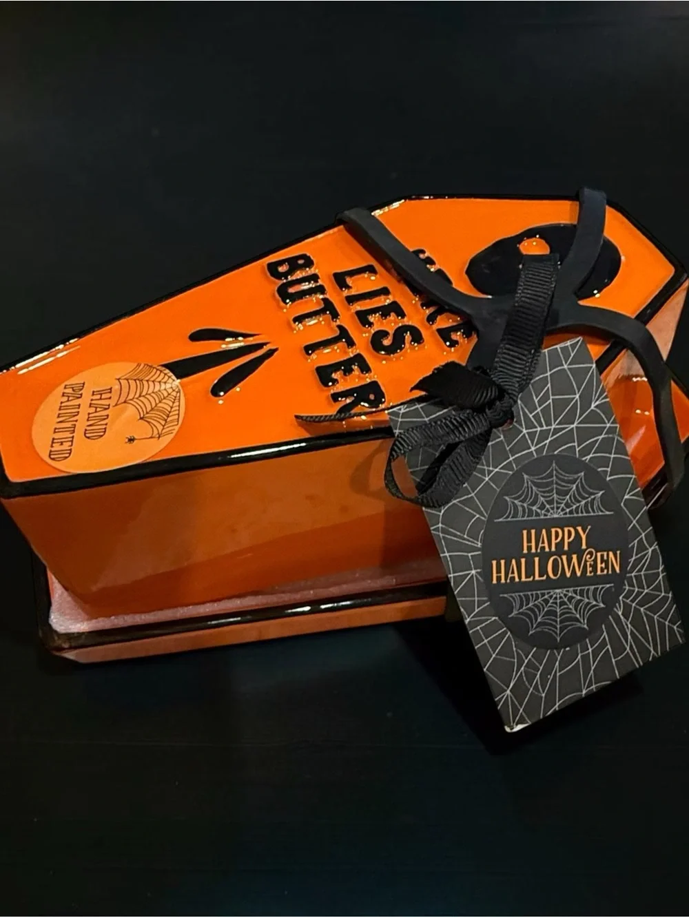 Halloween Coffin butter dish “Here lies butter” - Orange & Black